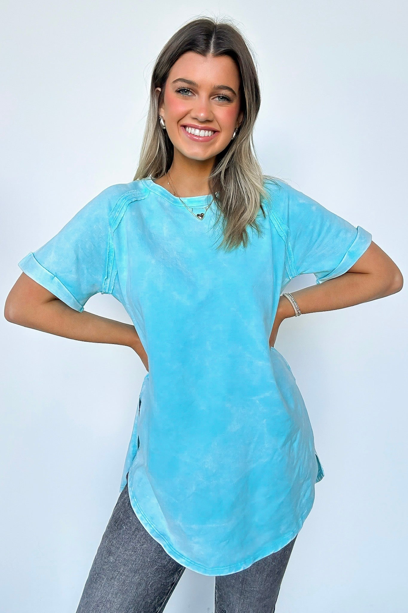 Mint Sky / S Ashlie Acid Wash Rolled Sleeve Top - BACK IN STOCK - Madison and Mallory