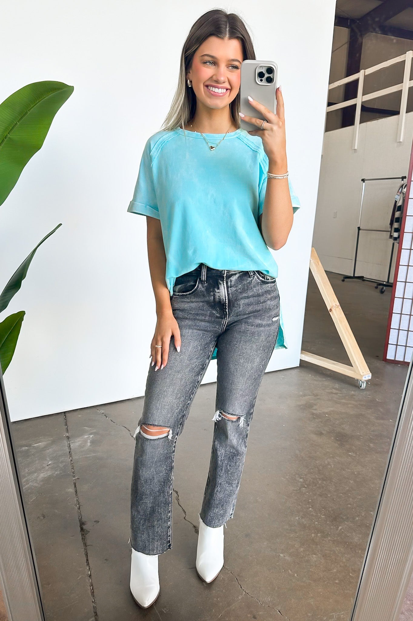  Ashlie Acid Wash Rolled Sleeve Top - BACK IN STOCK - Madison and Mallory