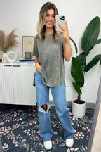  Ashlie Acid Wash Rolled Sleeve Top - BACK IN STOCK - Madison and Mallory