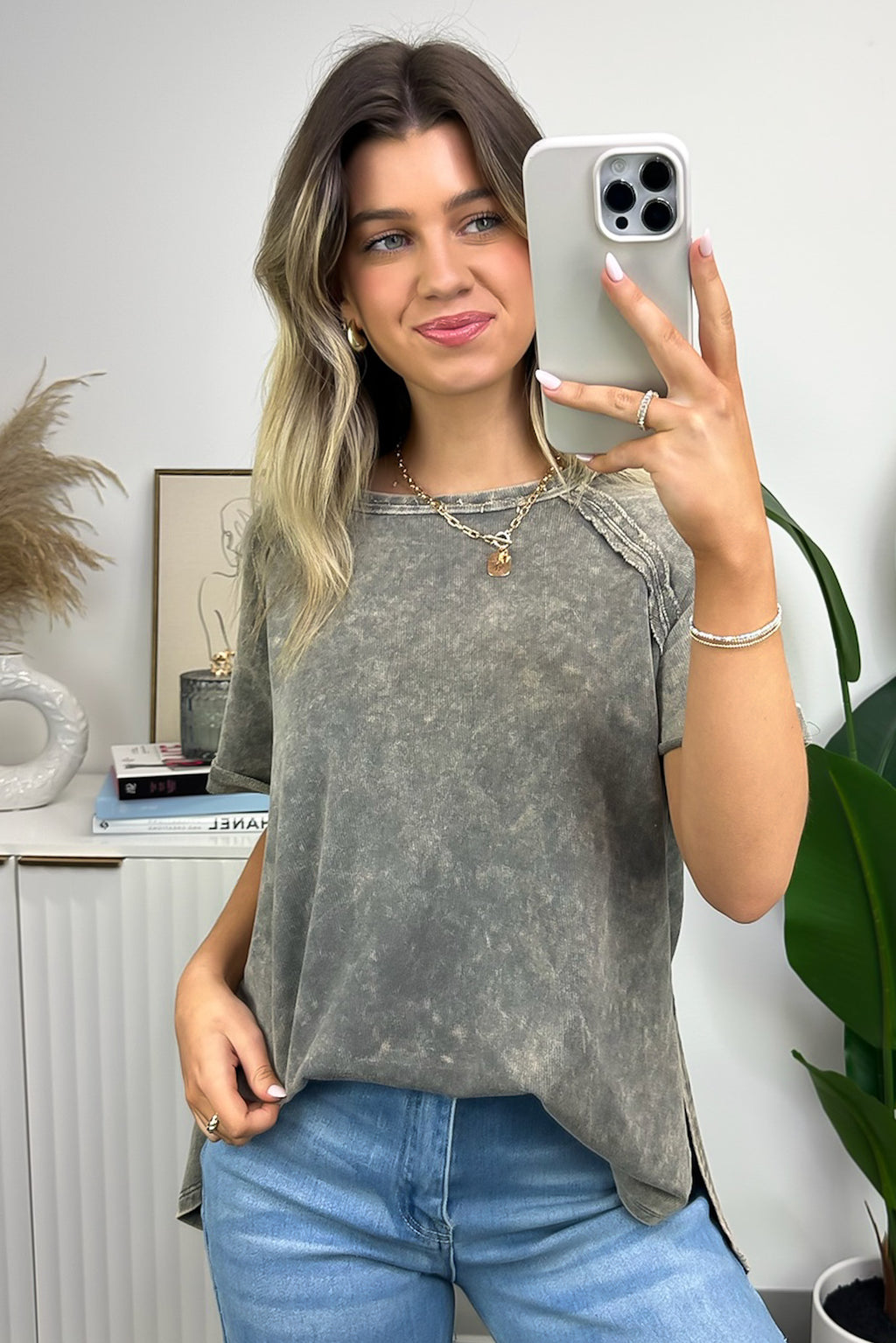 Mocha Gray / S Ashlie Acid Wash Rolled Sleeve Top - BACK IN STOCK - Madison and Mallory