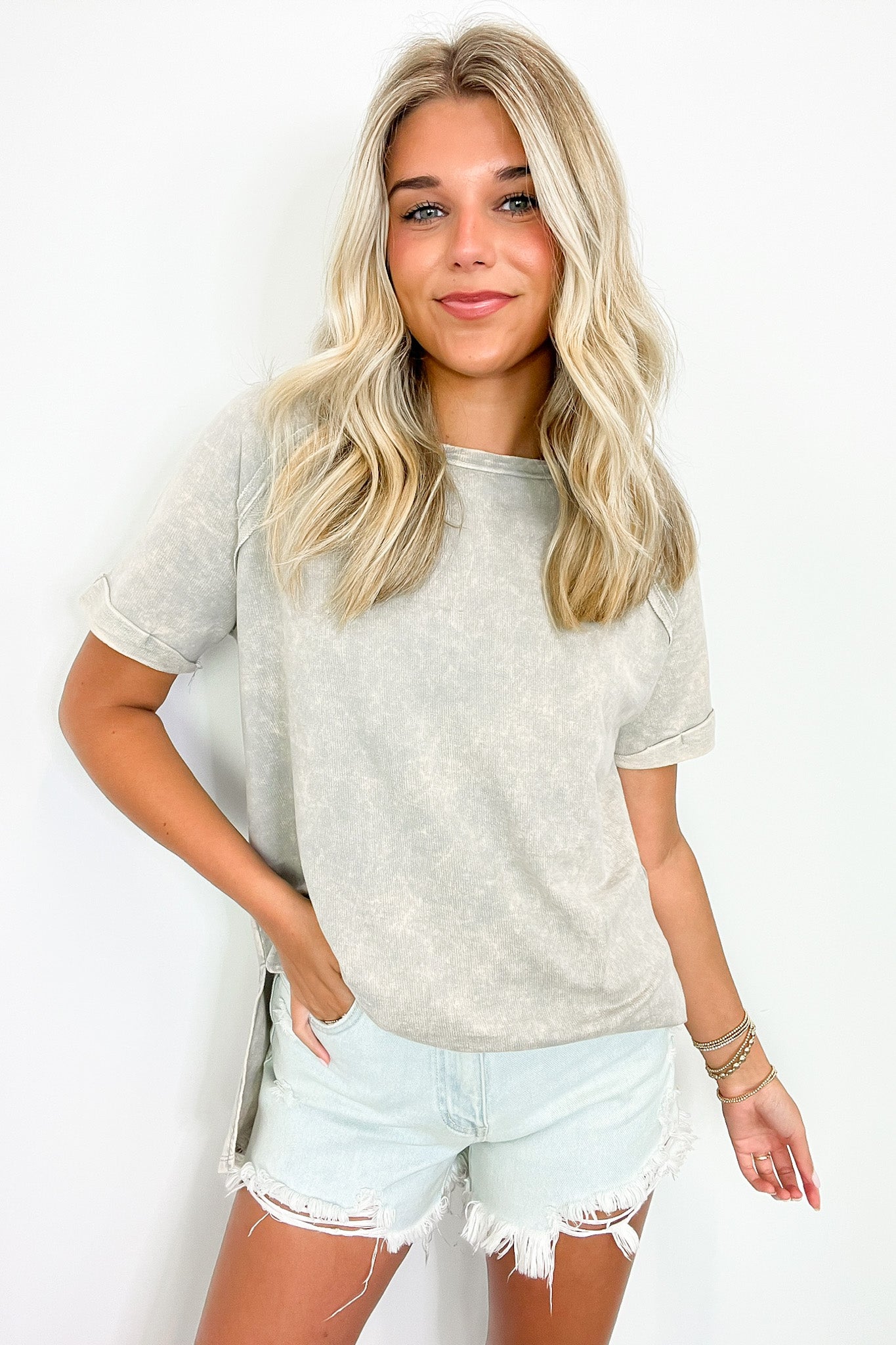  Ashlie Acid Wash Rolled Sleeve Top - BACK IN STOCK - Madison and Mallory