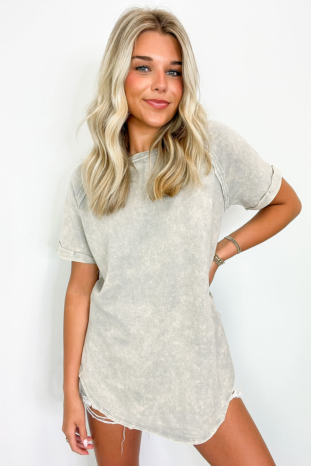 Sleet / S Ashlie Acid Wash Rolled Sleeve Top - BACK IN STOCK - Madison and Mallory