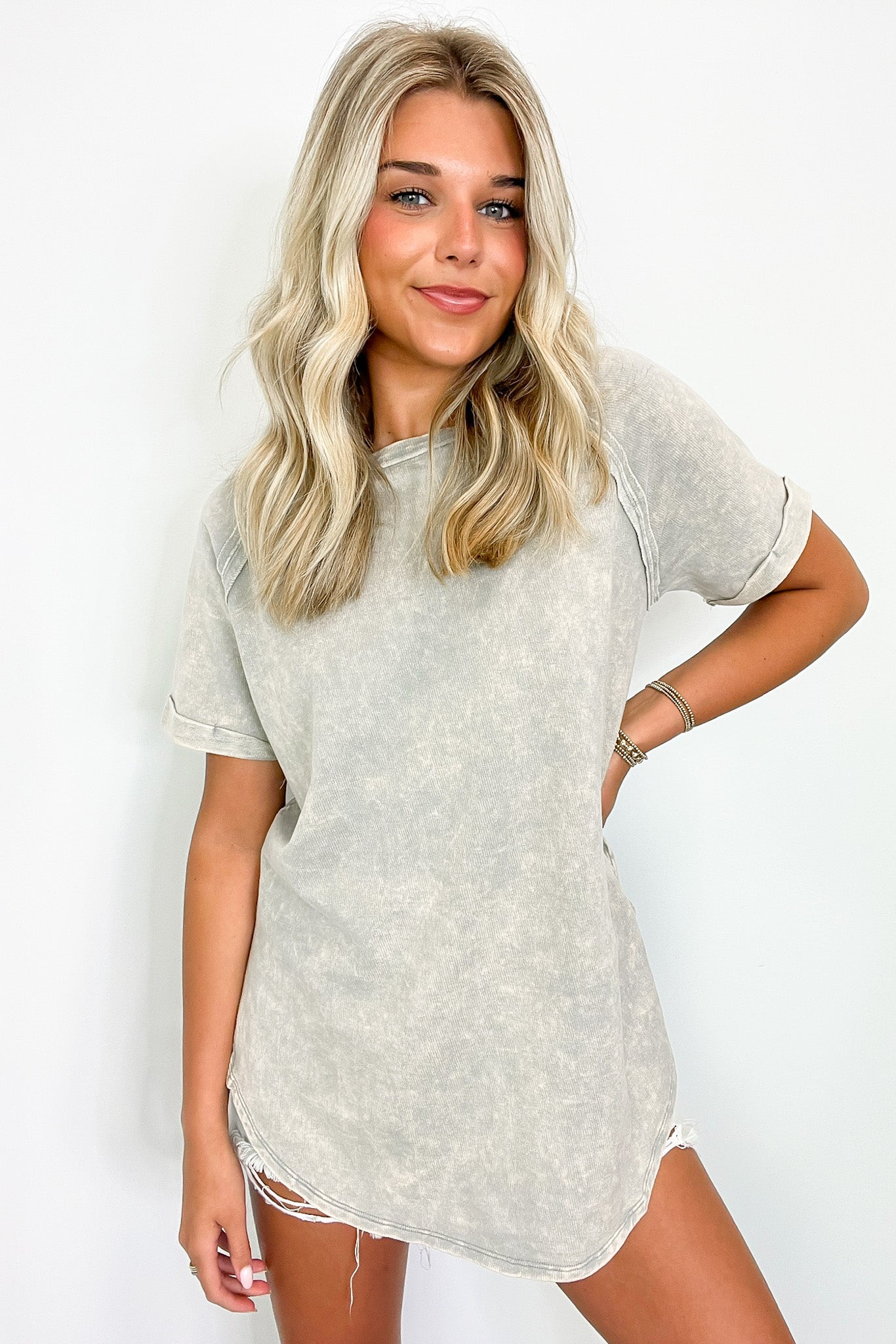 Sleet / S Ashlie Acid Wash Rolled Sleeve Top - BACK IN STOCK - Madison and Mallory