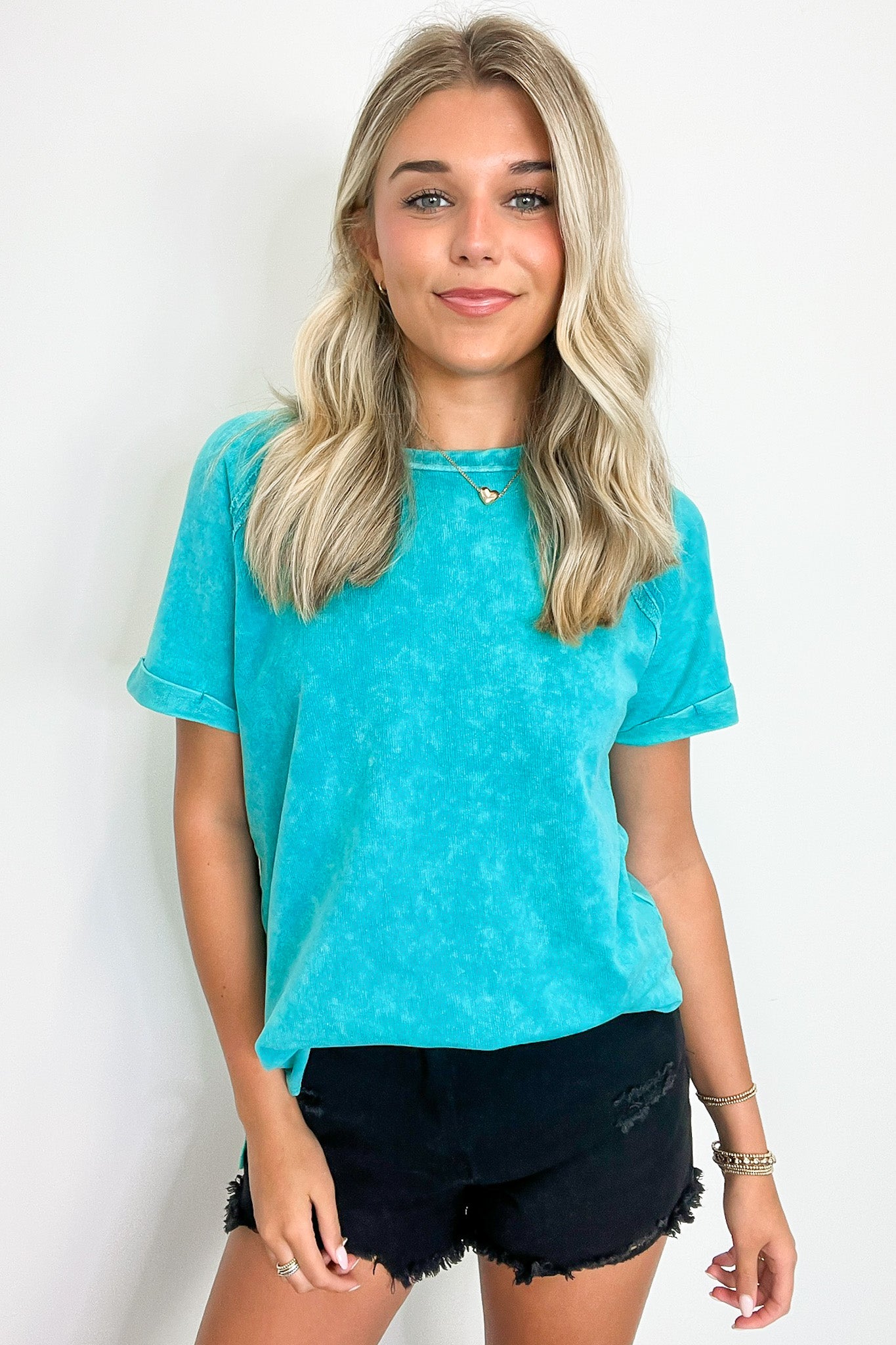  Ashlie Acid Wash Rolled Sleeve Top - BACK IN STOCK - Madison and Mallory