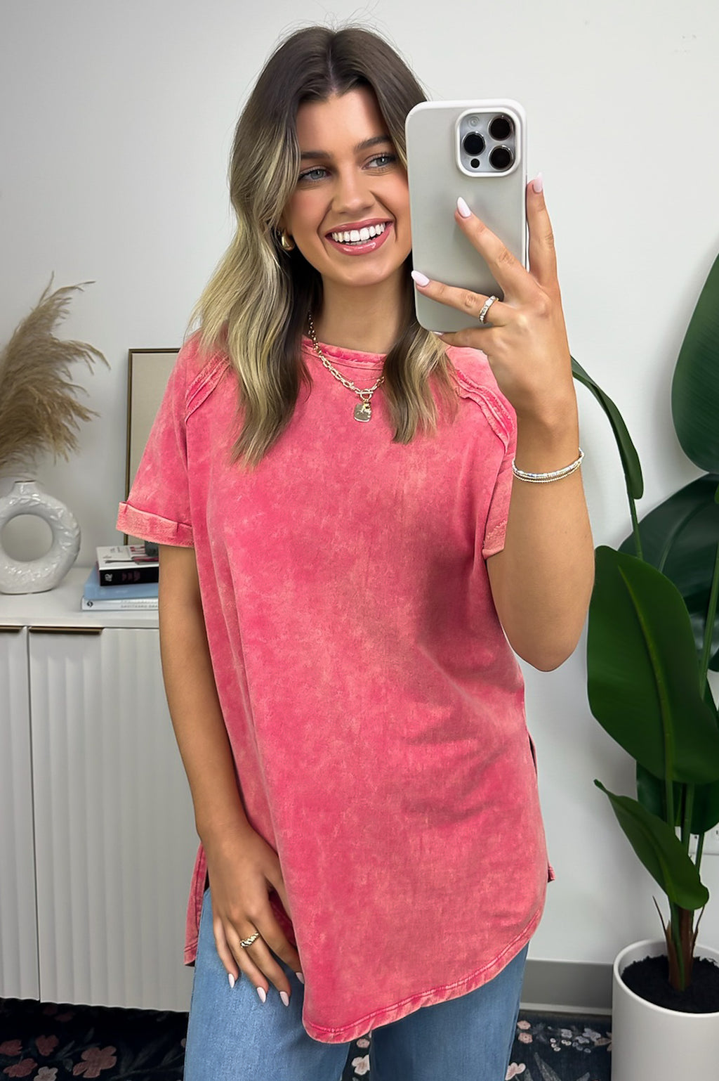Viva Magenta / S Ashlie Acid Wash Rolled Sleeve Top - BACK IN STOCK - Madison and Mallory