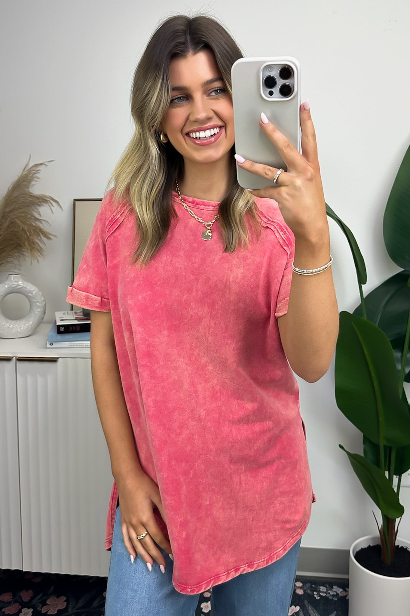 Viva Magenta / S Ashlie Acid Wash Rolled Sleeve Top - BACK IN STOCK - Madison and Mallory