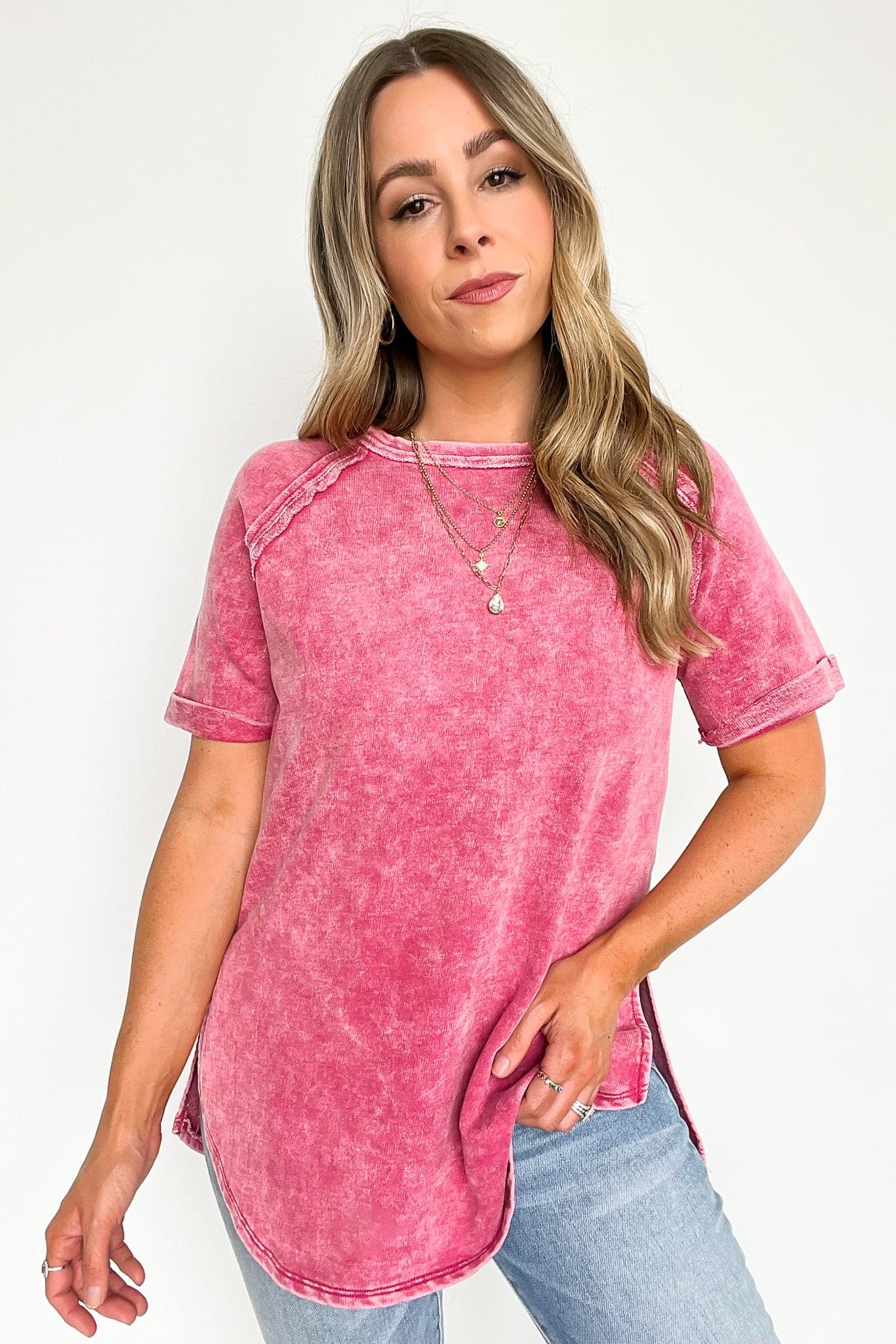 Ash Pink / S Ashlie Acid Wash Rolled Sleeve Top - BACK IN STOCK - Madison and Mallory