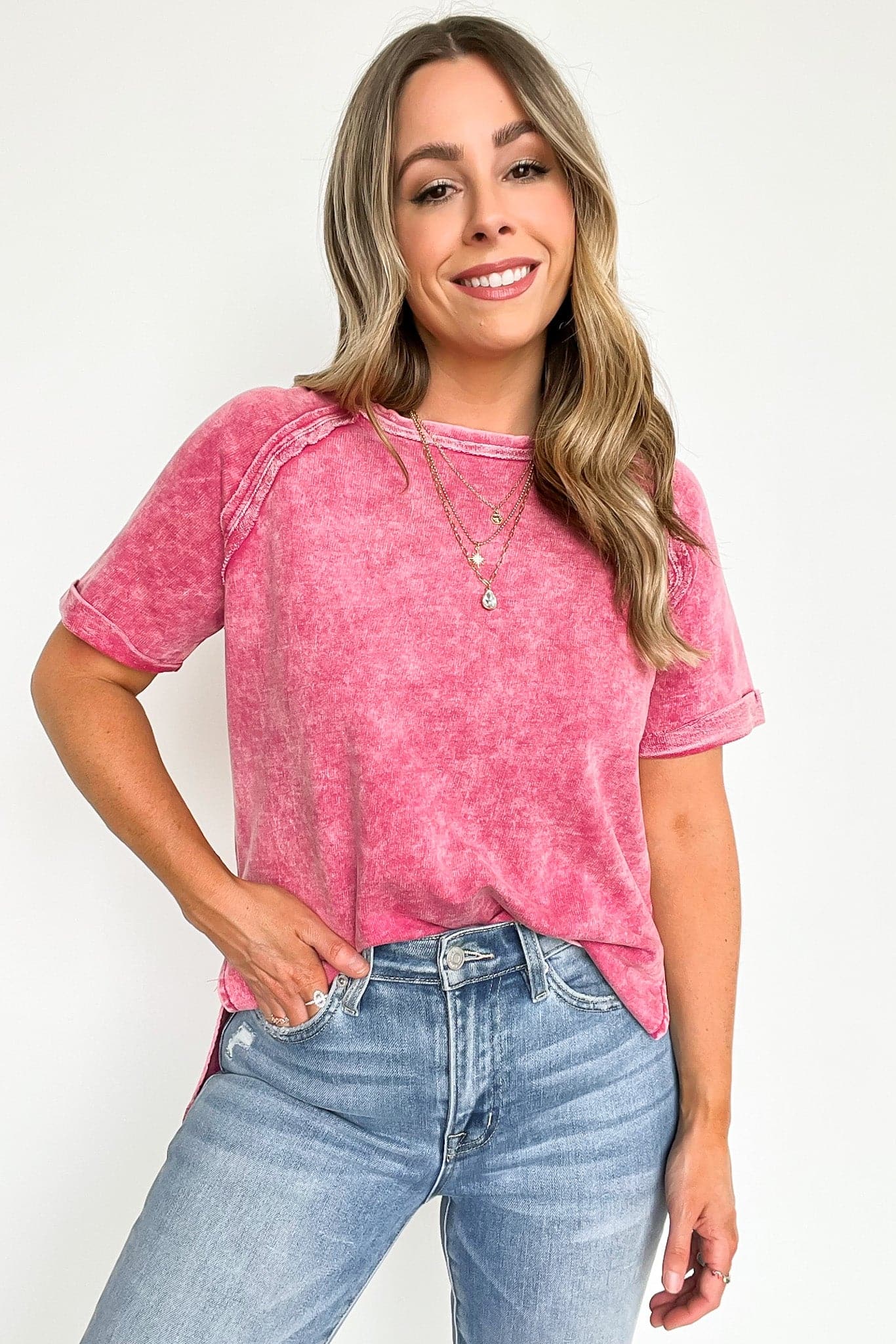  Ashlie Acid Wash Rolled Sleeve Top - BACK IN STOCK - Madison and Mallory
