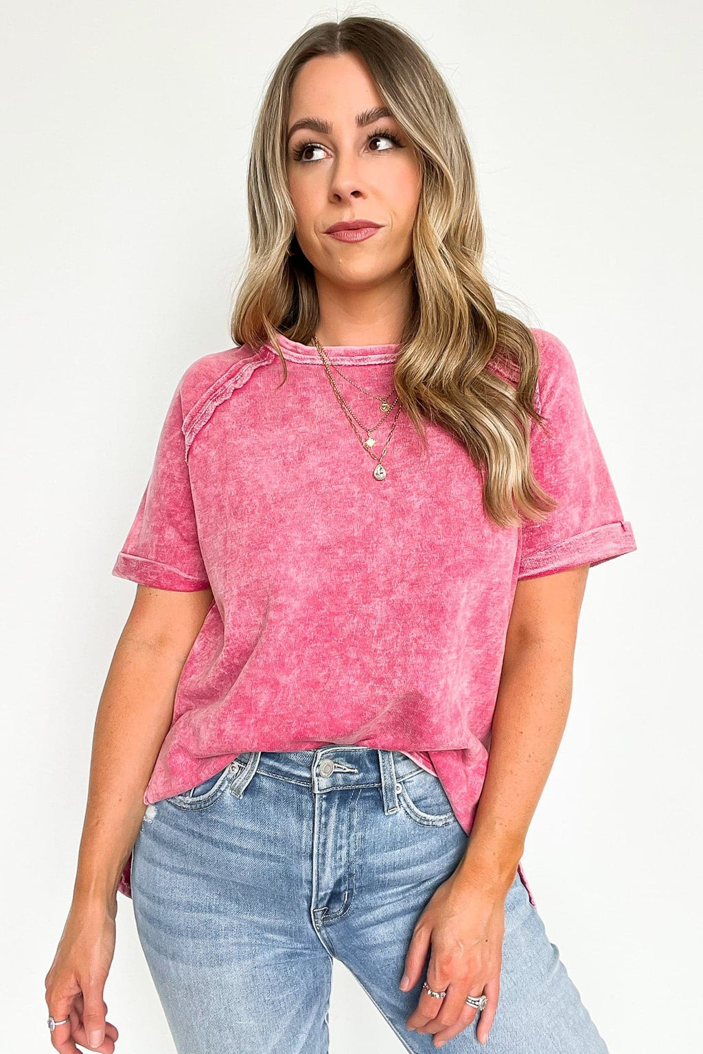  Ashlie Acid Wash Rolled Sleeve Top - BACK IN STOCK - Madison and Mallory