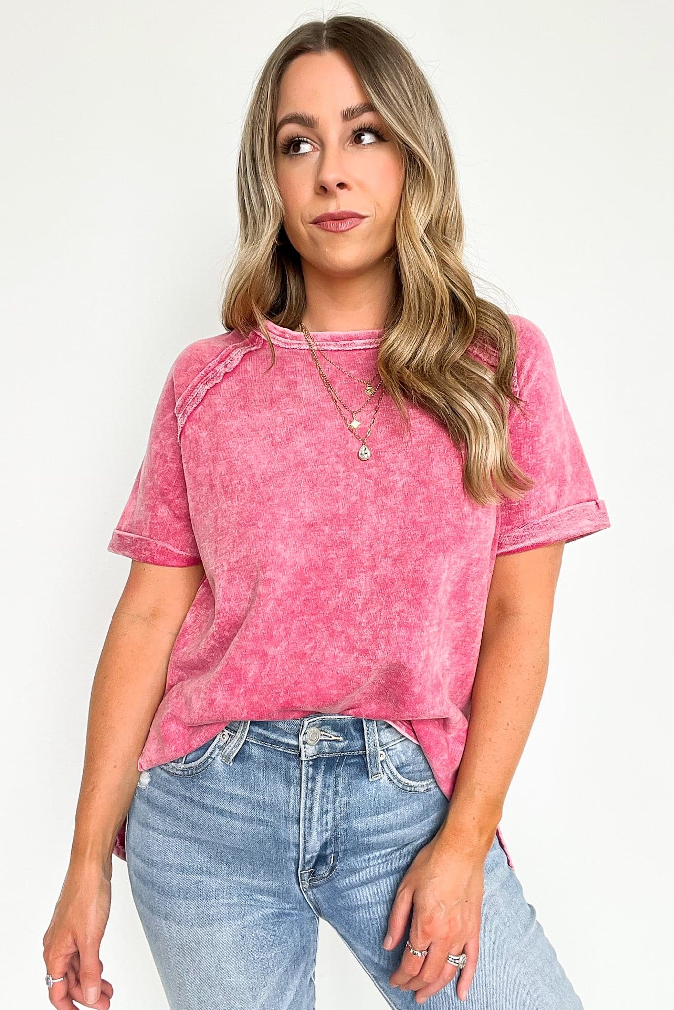  Ashlie Acid Wash Rolled Sleeve Top - BACK IN STOCK - Madison and Mallory