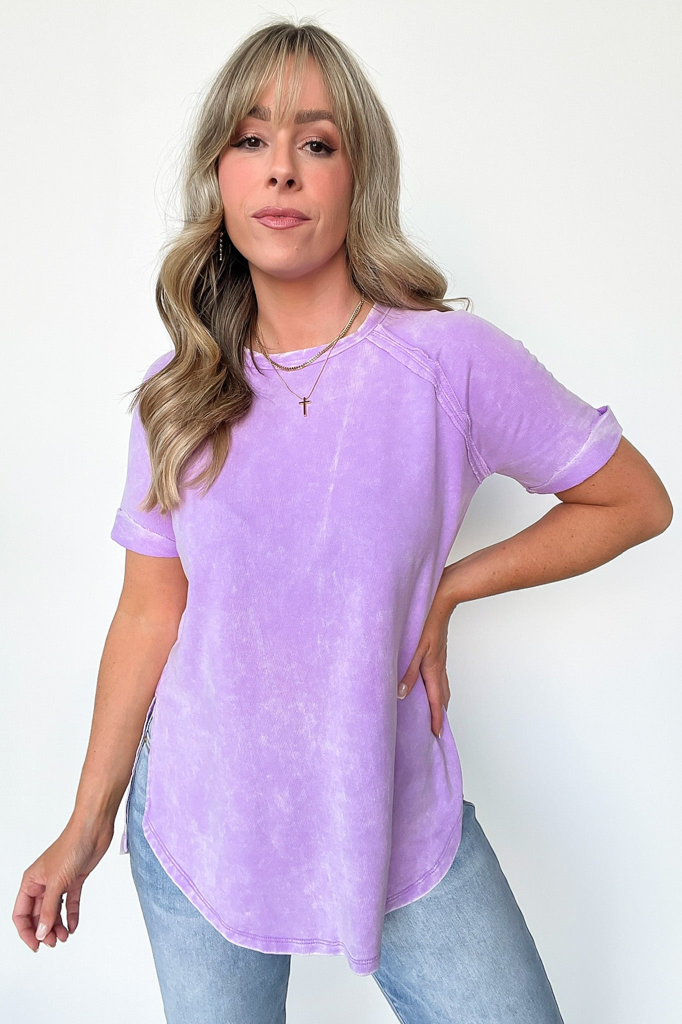  Ashlie Acid Wash Rolled Sleeve Top - BACK IN STOCK - Madison and Mallory