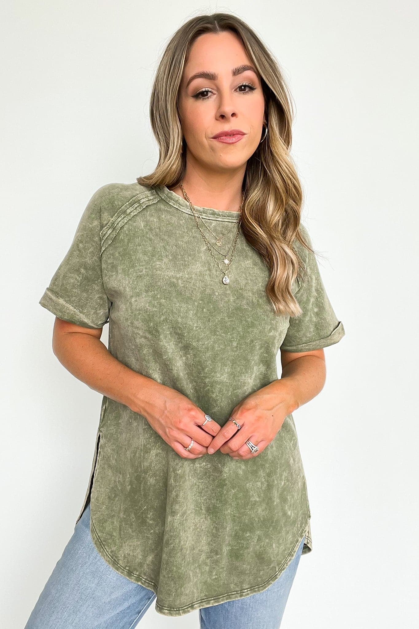  Ashlie Acid Wash Rolled Sleeve Top - BACK IN STOCK - Madison and Mallory