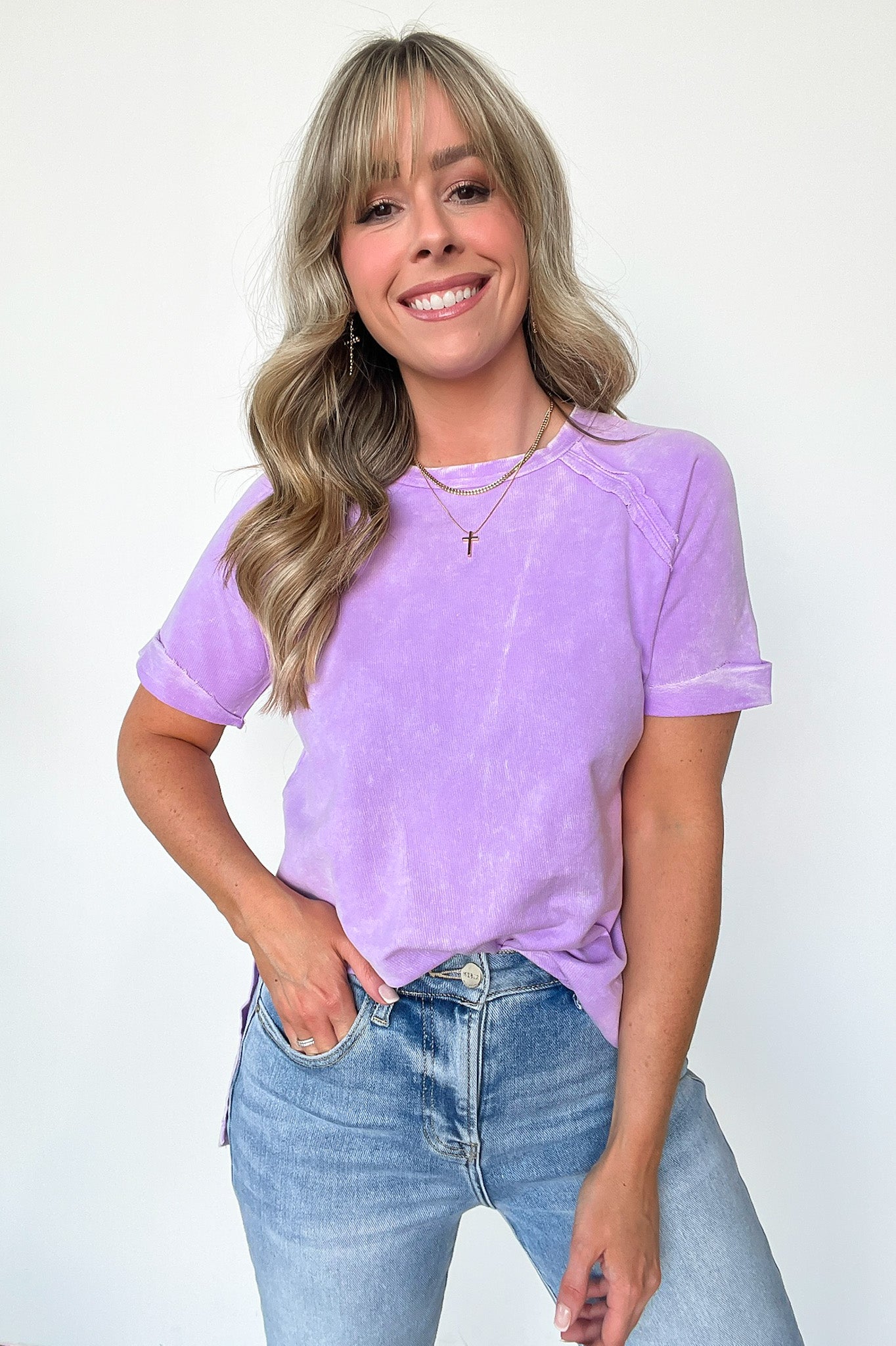 Bright Lavender / S Ashlie Acid Wash Rolled Sleeve Top - BACK IN STOCK - Madison and Mallory