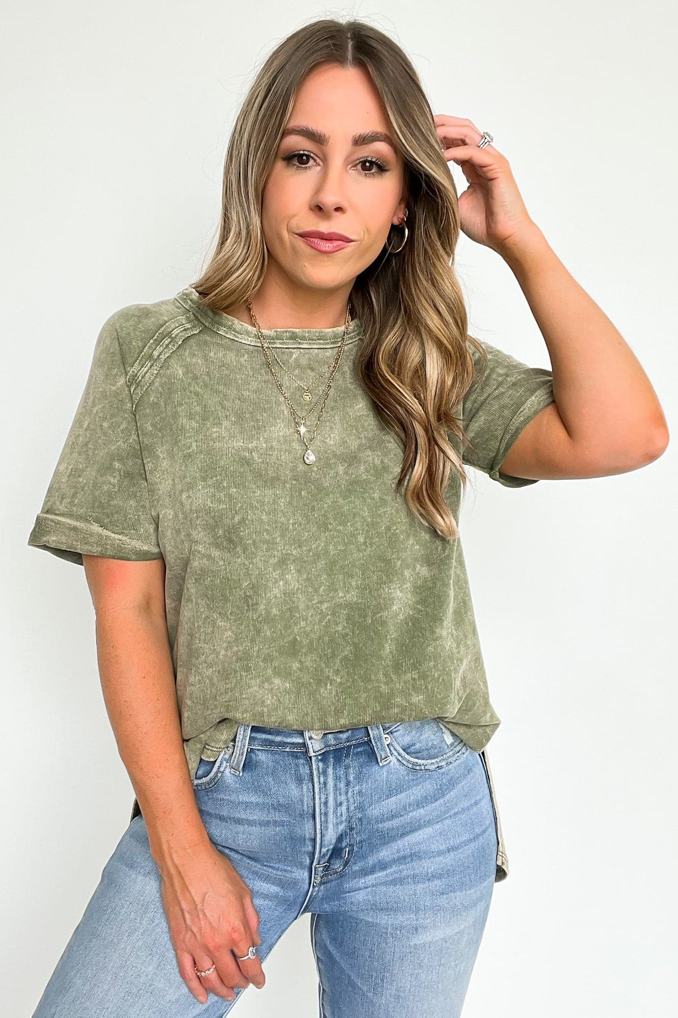  Ashlie Acid Wash Rolled Sleeve Top - BACK IN STOCK - Madison and Mallory