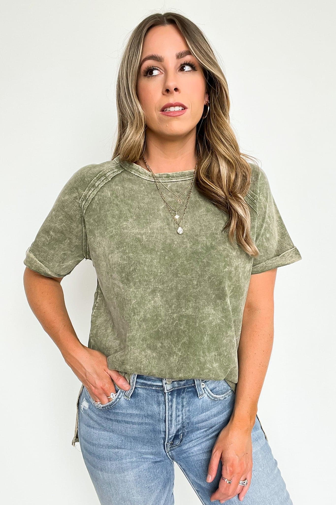 Ash Olive / S Ashlie Acid Wash Rolled Sleeve Top - BACK IN STOCK - Madison and Mallory