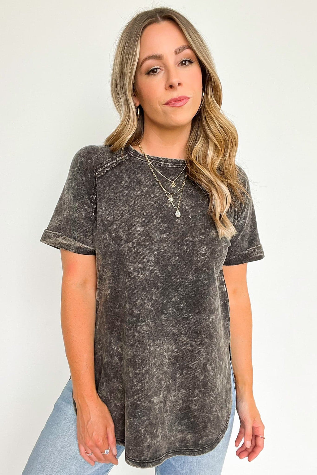  Ashlie Acid Wash Rolled Sleeve Top - BACK IN STOCK - Madison and Mallory