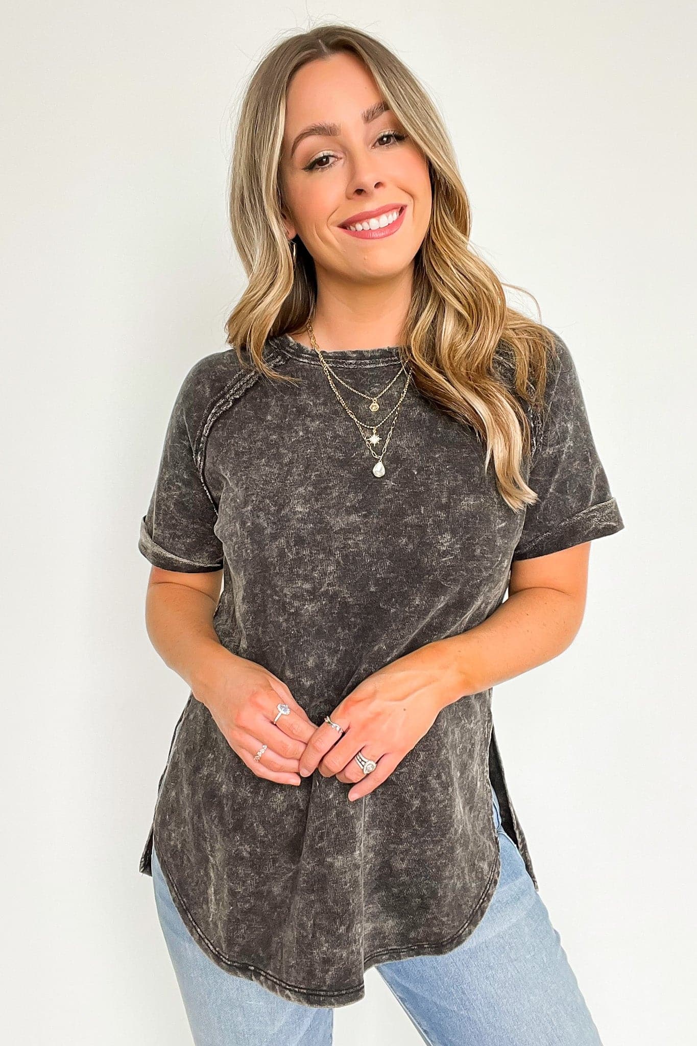 Ash Black / S Ashlie Acid Wash Rolled Sleeve Top - BACK IN STOCK - Madison and Mallory