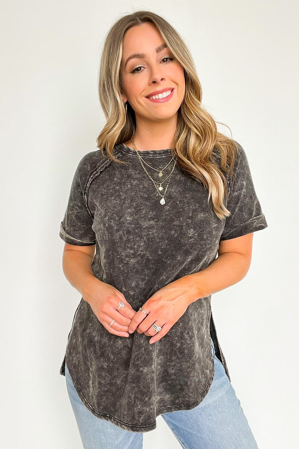 Ash Black / S Ashlie Acid Wash Rolled Sleeve Top - Madison and Mallory