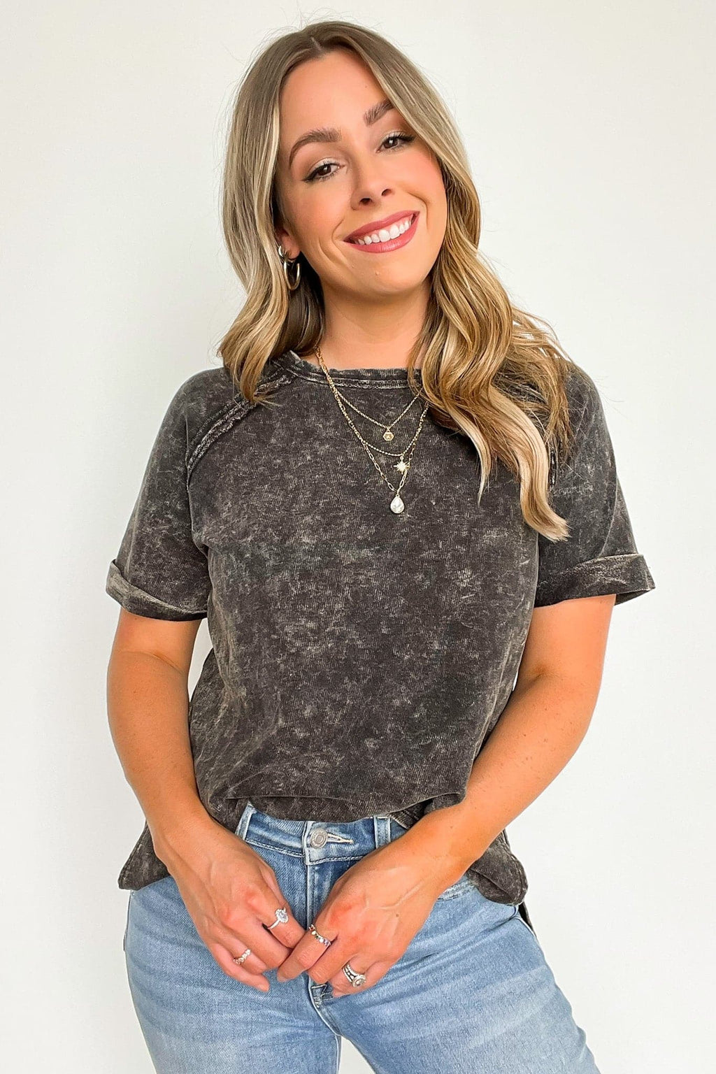  Ashlie Acid Wash Rolled Sleeve Top - BACK IN STOCK - Madison and Mallory