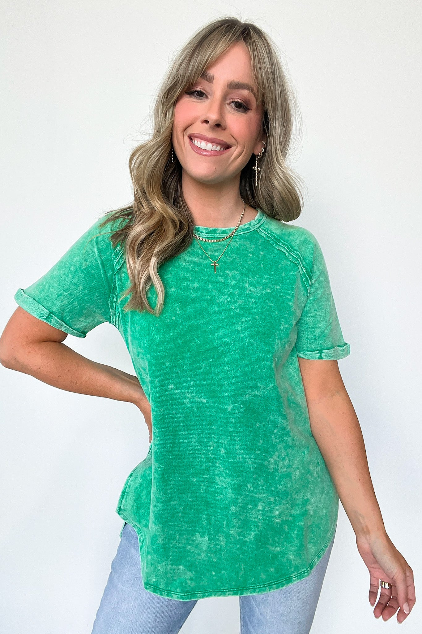 Kelly Green / S Ashlie Acid Wash Rolled Sleeve Top - BACK IN STOCK - Madison and Mallory