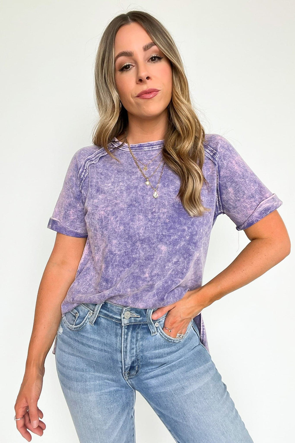  Ashlie Acid Wash Rolled Sleeve Top - BACK IN STOCK - Madison and Mallory