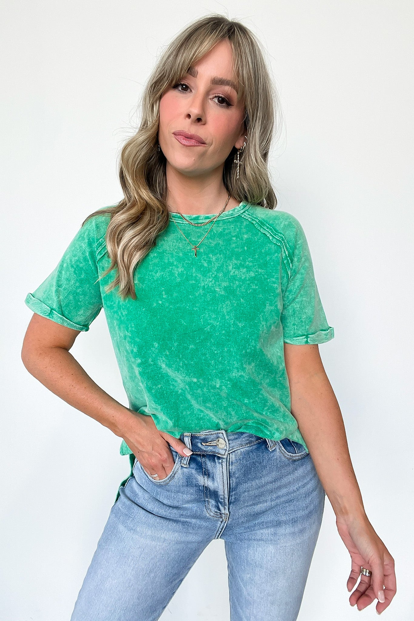  Ashlie Acid Wash Rolled Sleeve Top - BACK IN STOCK - Madison and Mallory
