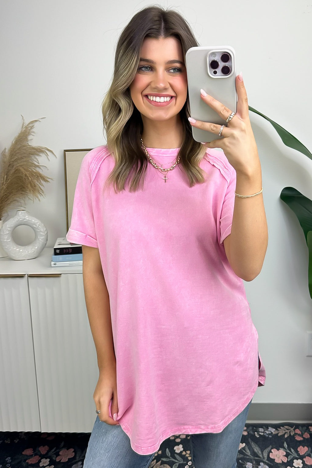 Candy Pink / S Ashlie Acid Wash Rolled Sleeve Top - BACK IN STOCK - Madison and Mallory