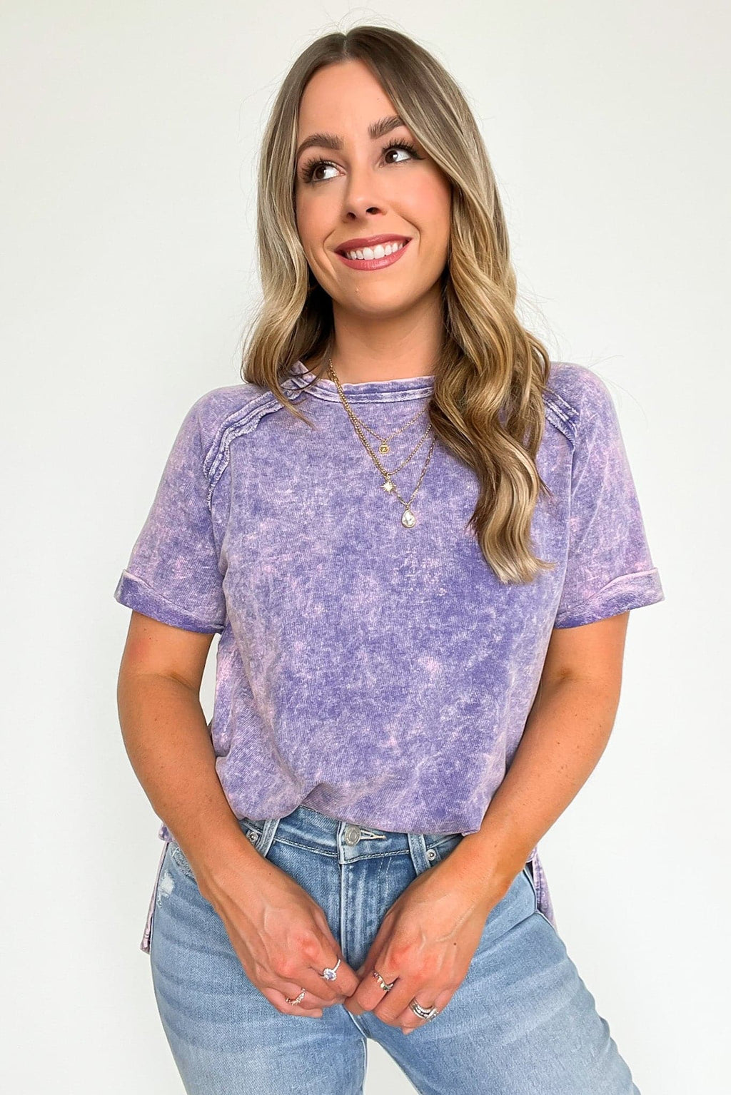 Light Navy / S Ashlie Acid Wash Rolled Sleeve Top - BACK IN STOCK - Madison and Mallory