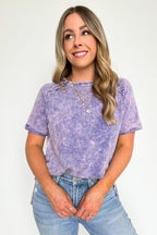Light Navy / S Ashlie Acid Wash Rolled Sleeve Top - BACK IN STOCK - Madison and Mallory