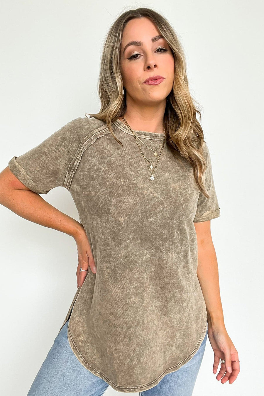  Ashlie Acid Wash Rolled Sleeve Top - BACK IN STOCK - Madison and Mallory