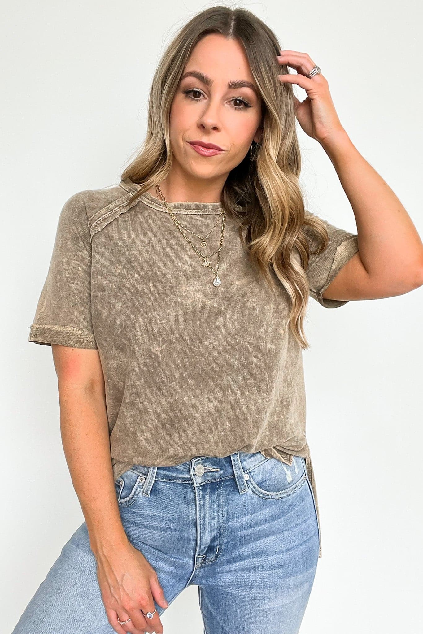 Mocha / S Ashlie Acid Wash Rolled Sleeve Top - BACK IN STOCK - Madison and Mallory