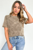Mocha / S Ashlie Acid Wash Rolled Sleeve Top - BACK IN STOCK - Madison and Mallory