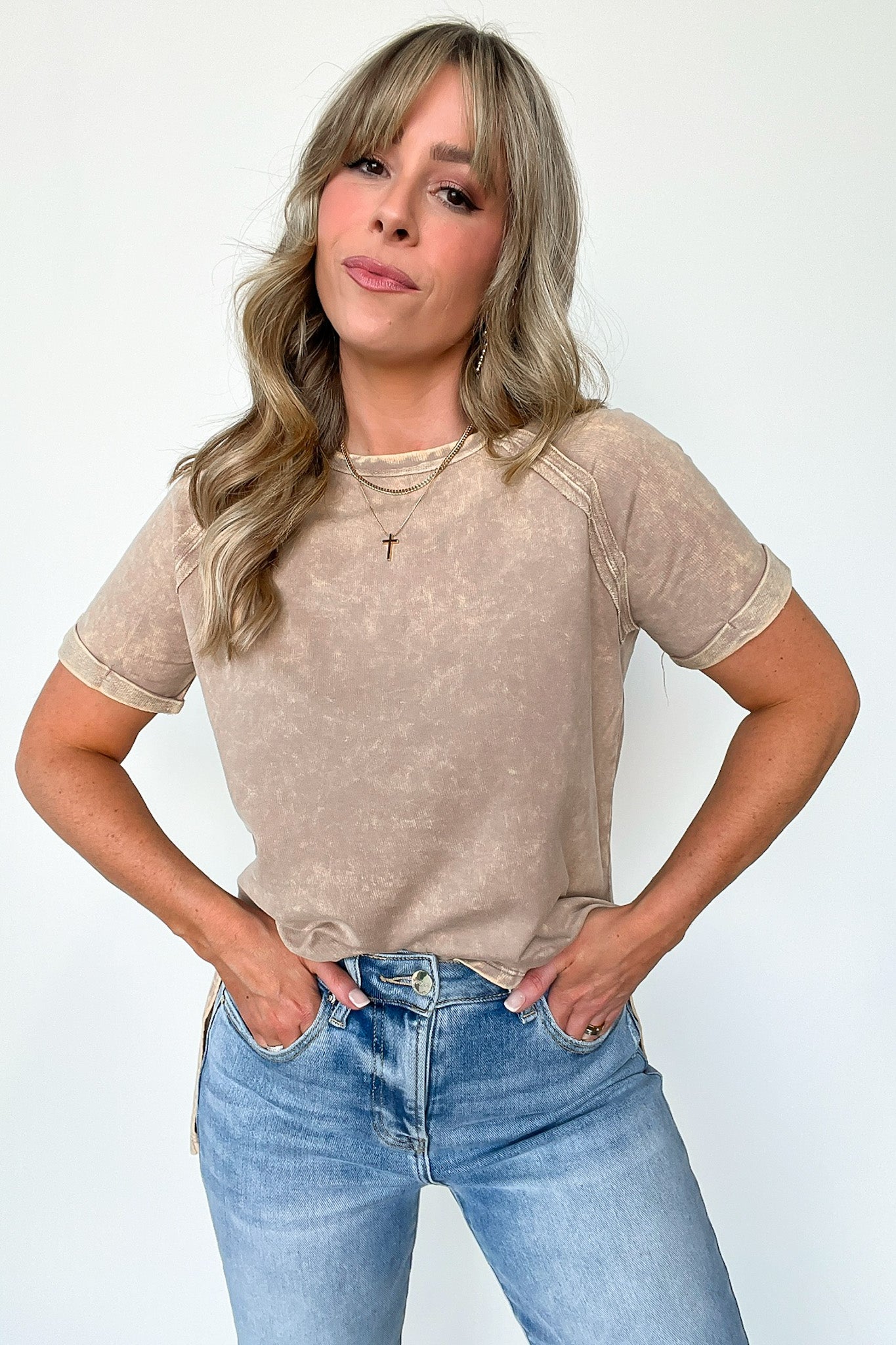 Ash Mocha / S Ashlie Acid Wash Rolled Sleeve Top - BACK IN STOCK - Madison and Mallory