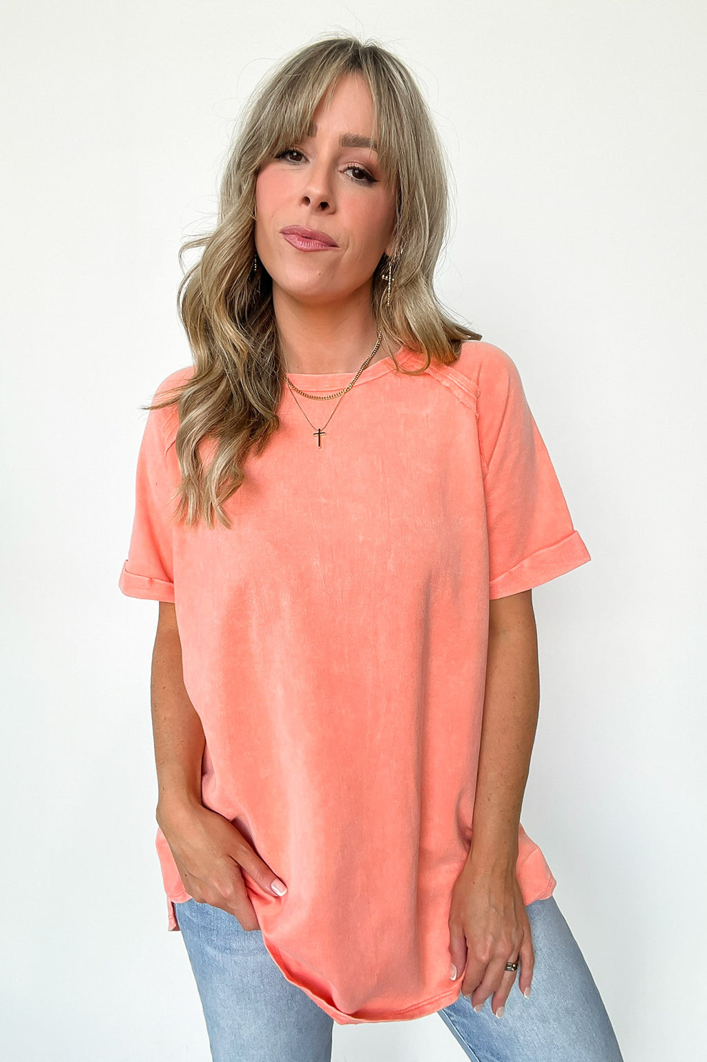  Ashlie Acid Wash Rolled Sleeve Top - BACK IN STOCK - Madison and Mallory