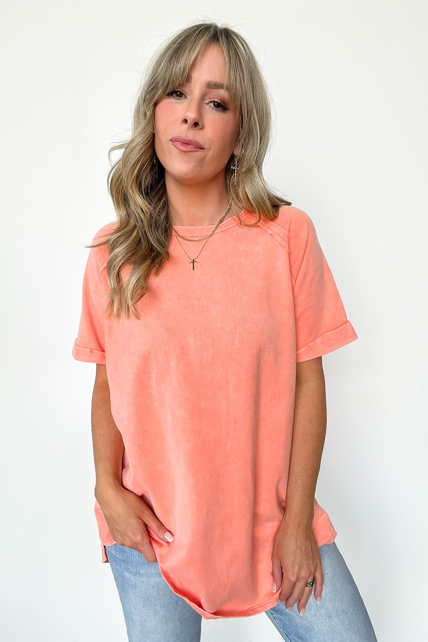  Ashlie Acid Wash Rolled Sleeve Top - BACK IN STOCK - Madison and Mallory