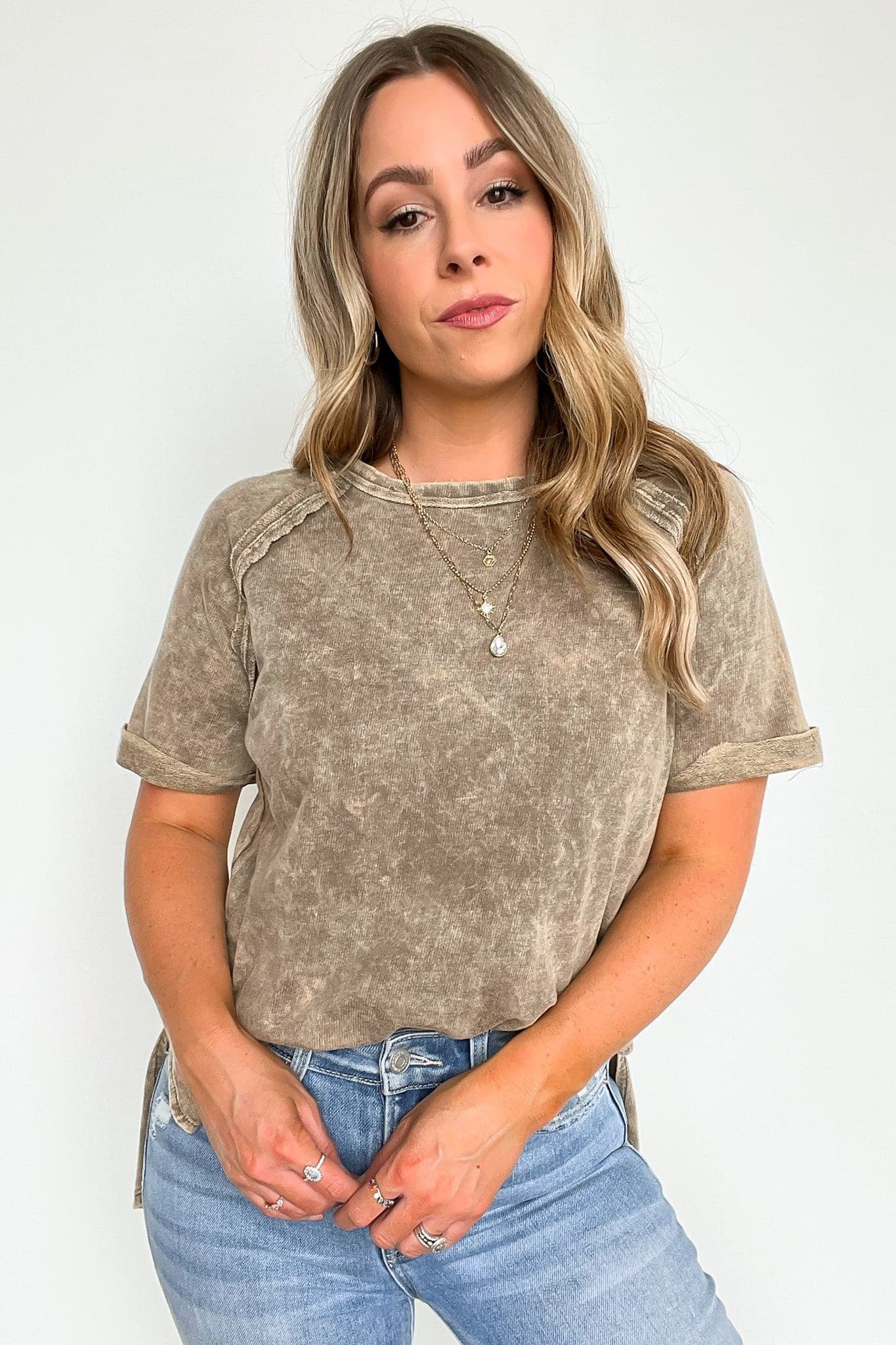  Ashlie Acid Wash Rolled Sleeve Top - BACK IN STOCK - Madison and Mallory