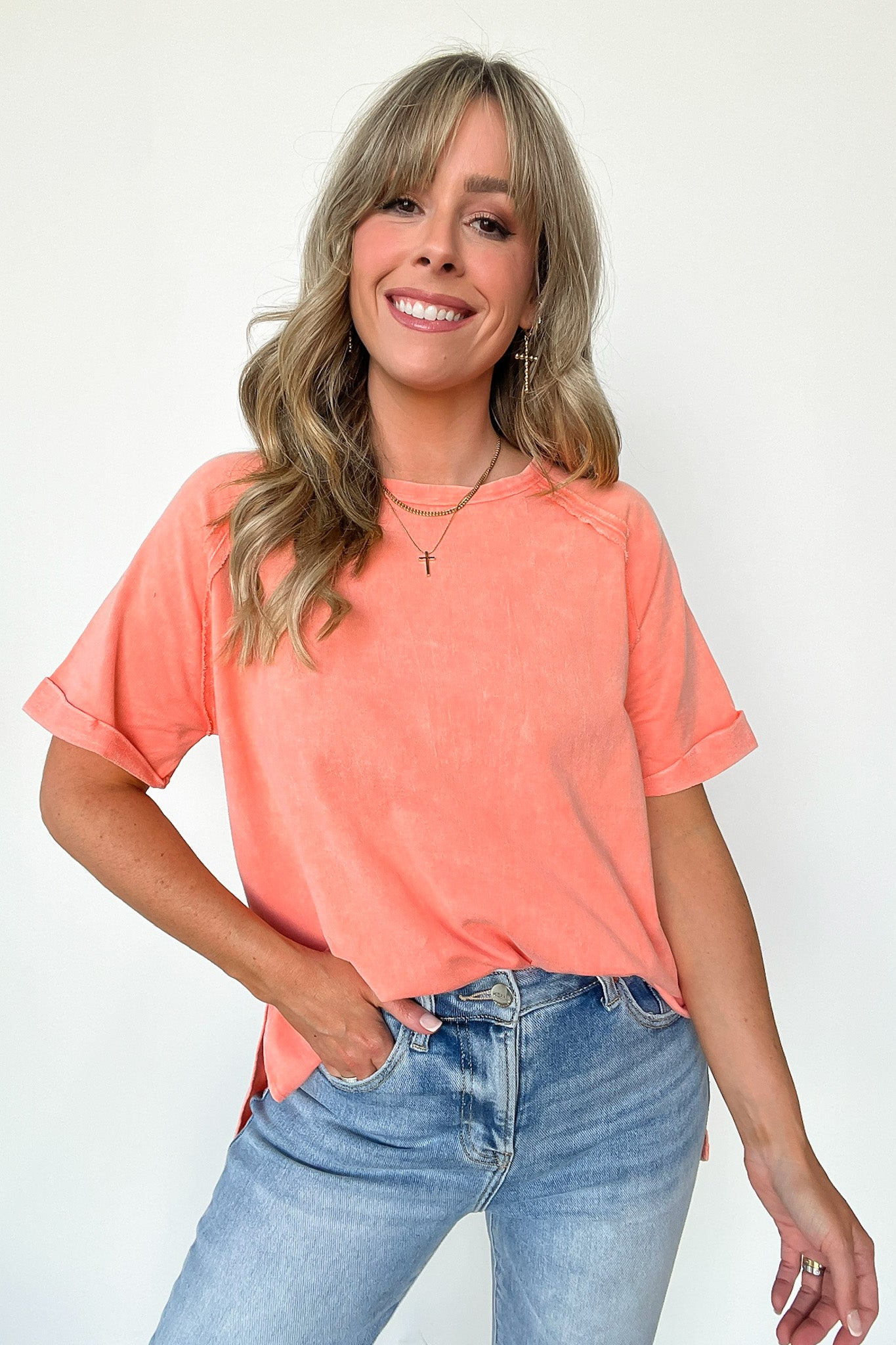 Coral / S Ashlie Acid Wash Rolled Sleeve Top - BACK IN STOCK - Madison and Mallory