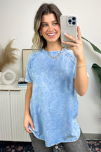 Deep Sky / S Ashlie Acid Wash Rolled Sleeve Top - BACK IN STOCK - Madison and Mallory