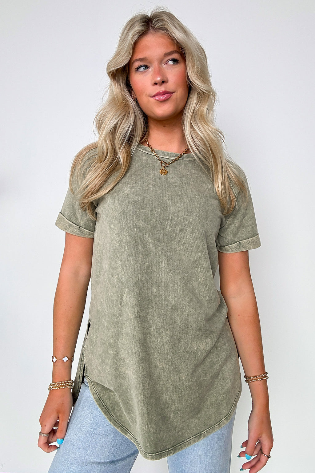 Light Olive / S Ashlie Acid Wash Rolled Sleeve Top - Madison and Mallory