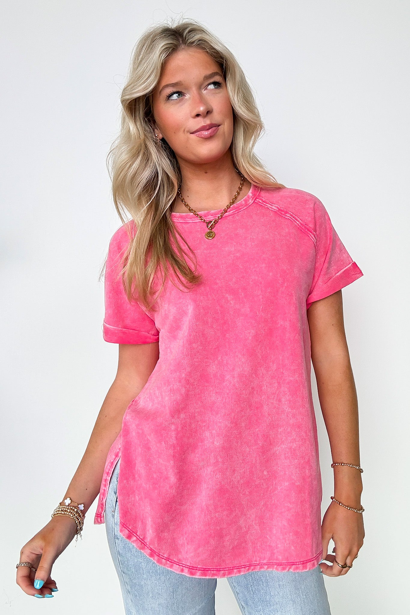 Fuchsia / S Ashlie Acid Wash Rolled Sleeve Top - BACK IN STOCK - Madison and Mallory
