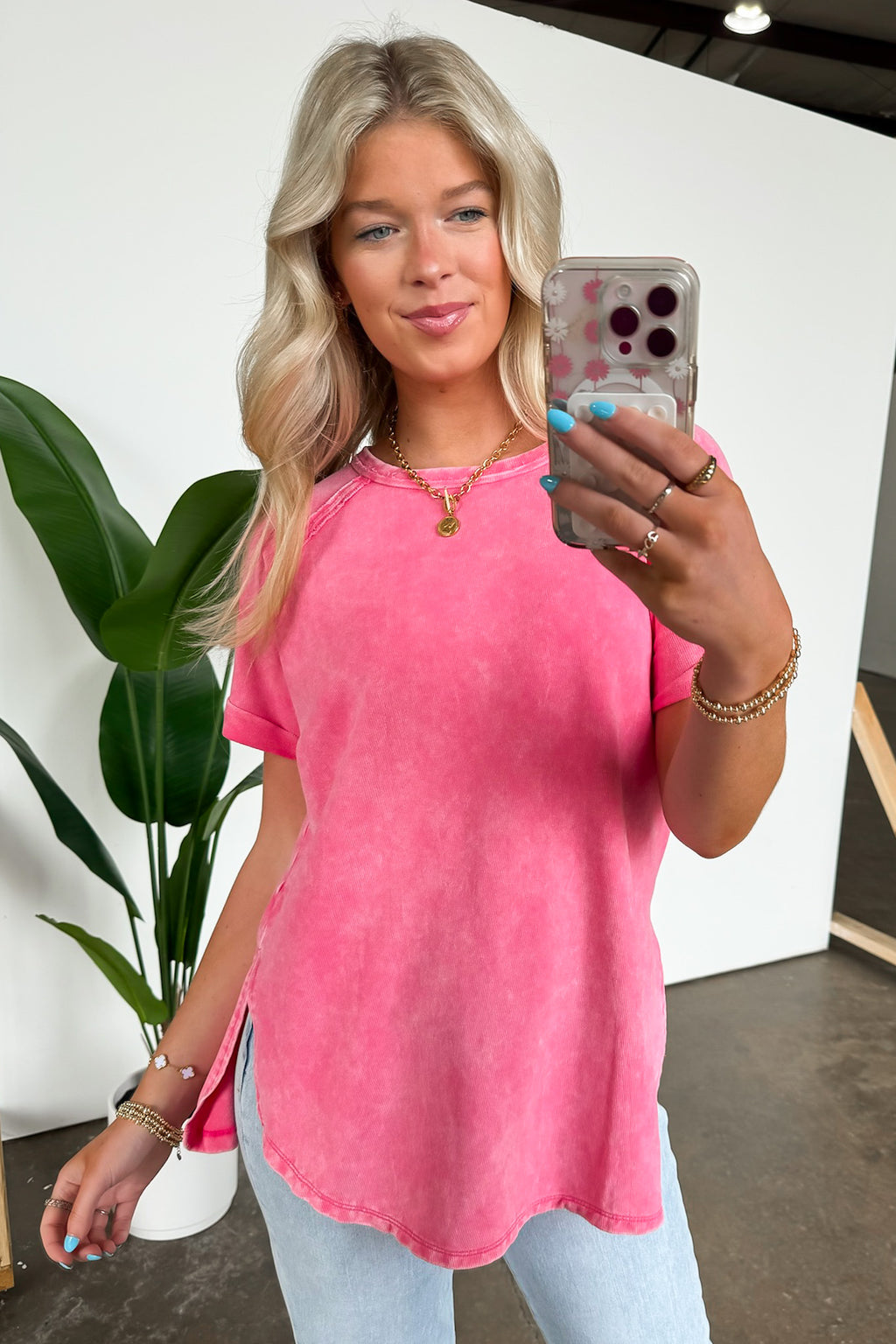  Ashlie Acid Wash Rolled Sleeve Top - BACK IN STOCK - Madison and Mallory