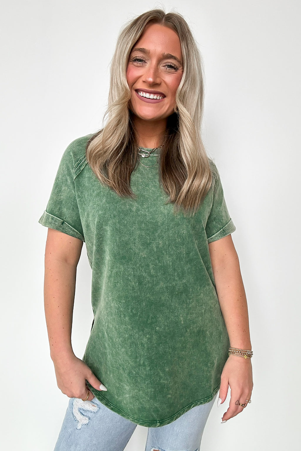 Dark Green / S Ashlie Acid Wash Rolled Sleeve Top - Madison and Mallory