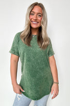 Dark Green / S Ashlie Acid Wash Rolled Sleeve Top - Madison and Mallory