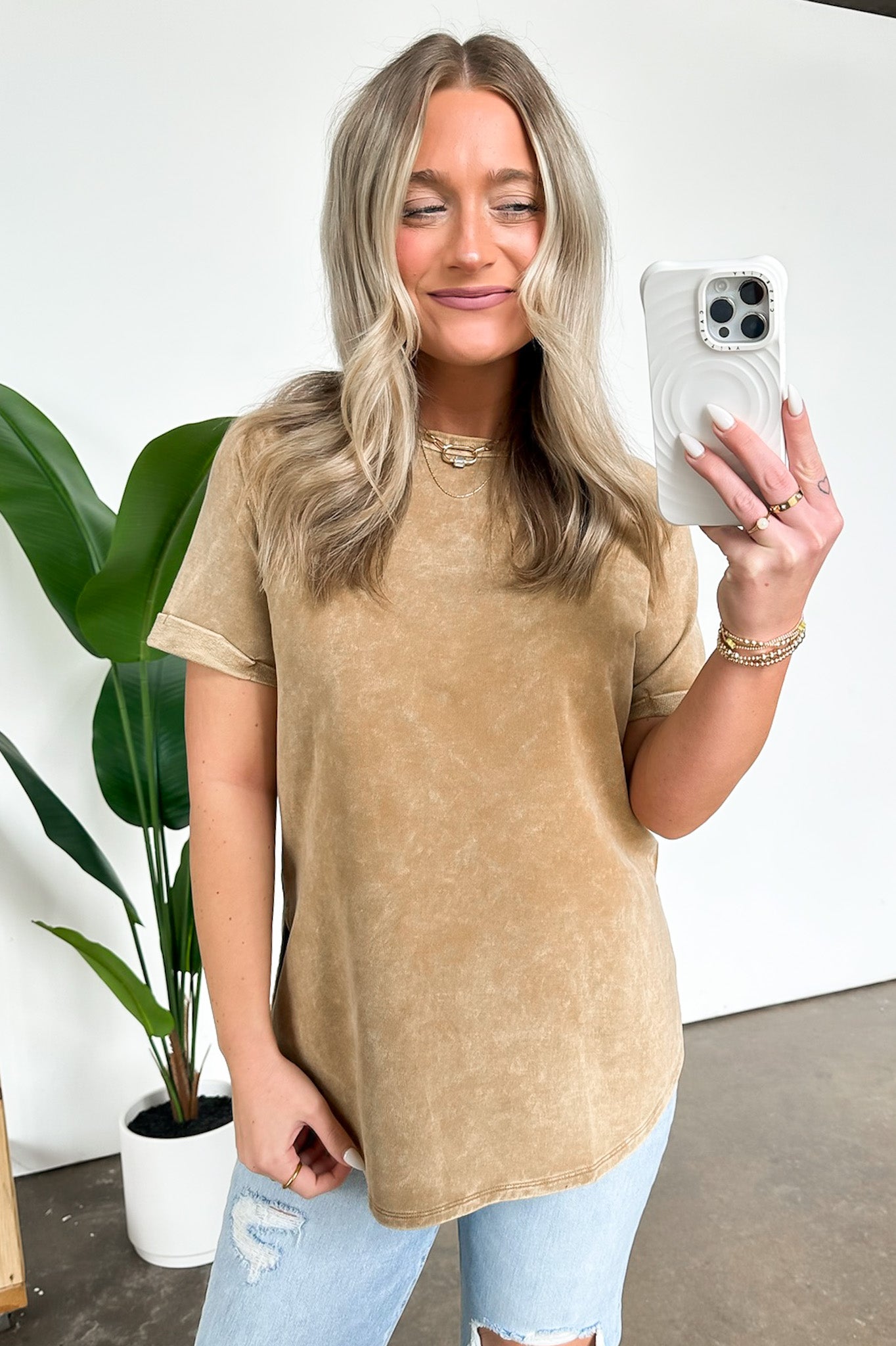 Camel / S Ashlie Acid Wash Rolled Sleeve Top - BACK IN STOCK - Madison and Mallory
