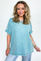 Dusty Teal / S Ashton Acid Wash Double Gauze Top - FINAL SALE - Madison and Mallory