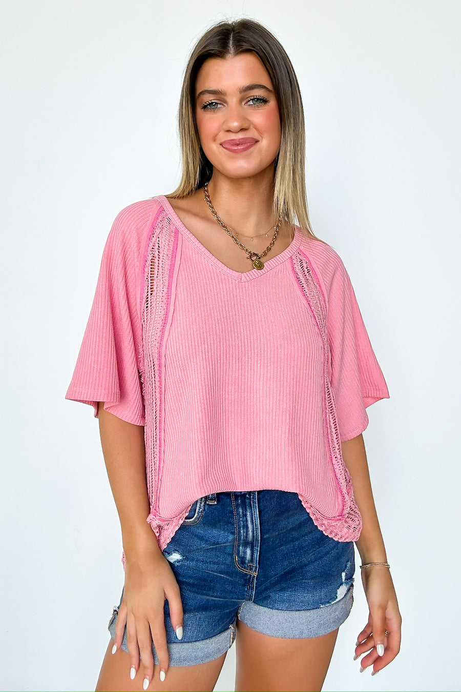 Coral / S Aubree Crochet Knit Contrast Top - Madison and Mallory