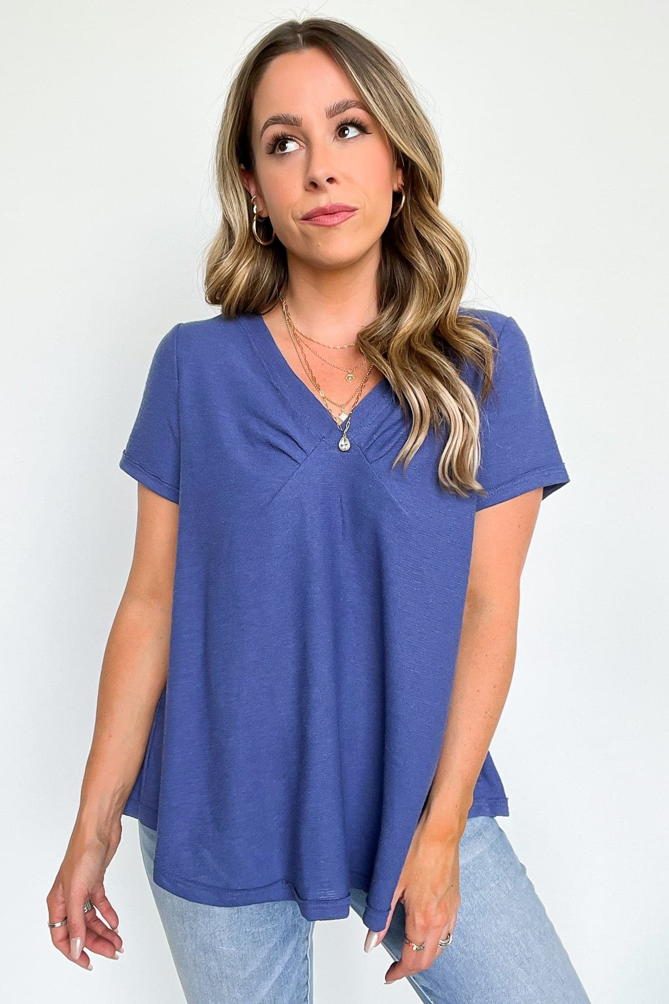 Denim / S Audrie Short Sleeve V-Neck Top - FINAL SALE - Madison and Mallory