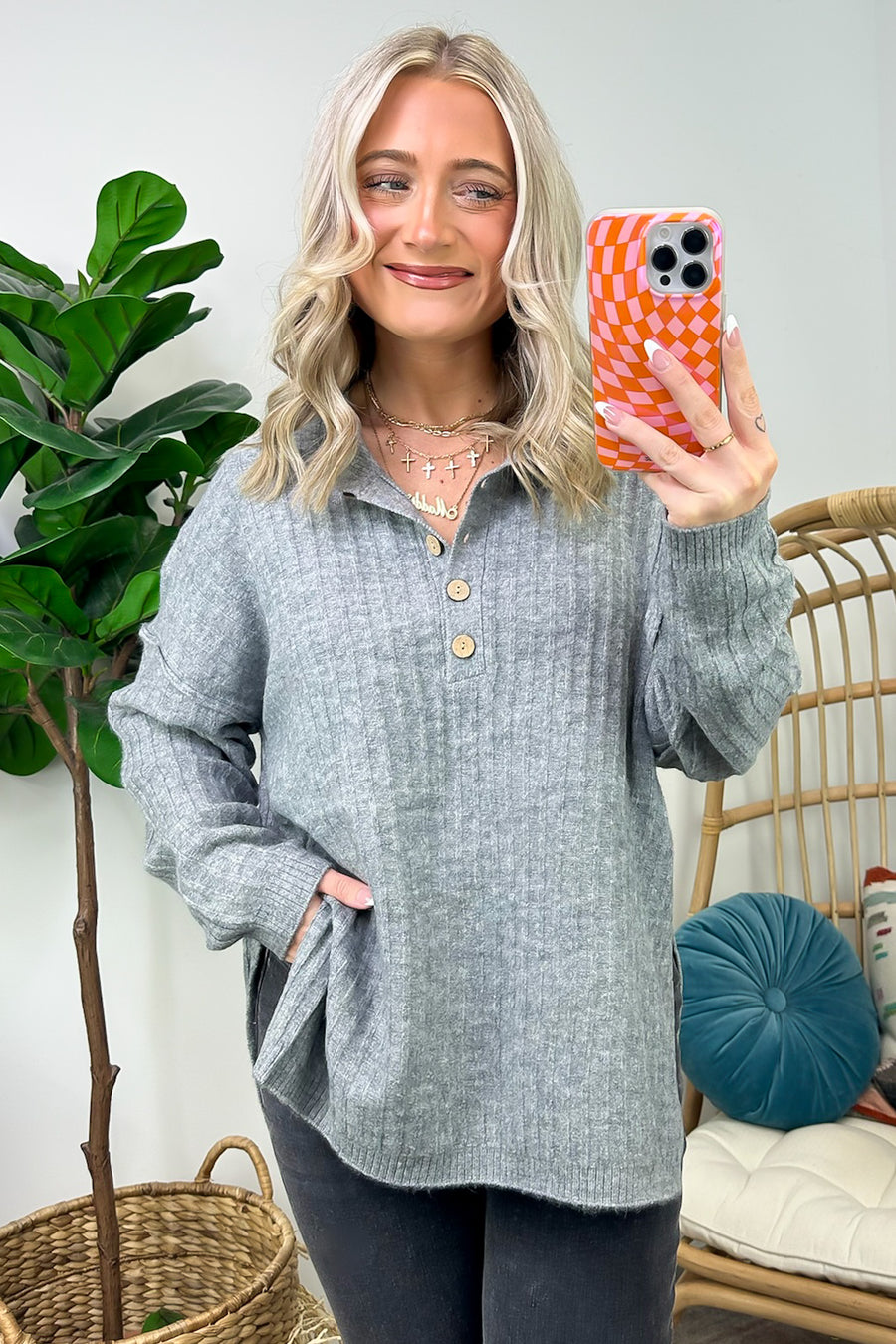 Gray / S Aurelie Button Henley Knit Top - FINAL SALE - Madison and Mallory