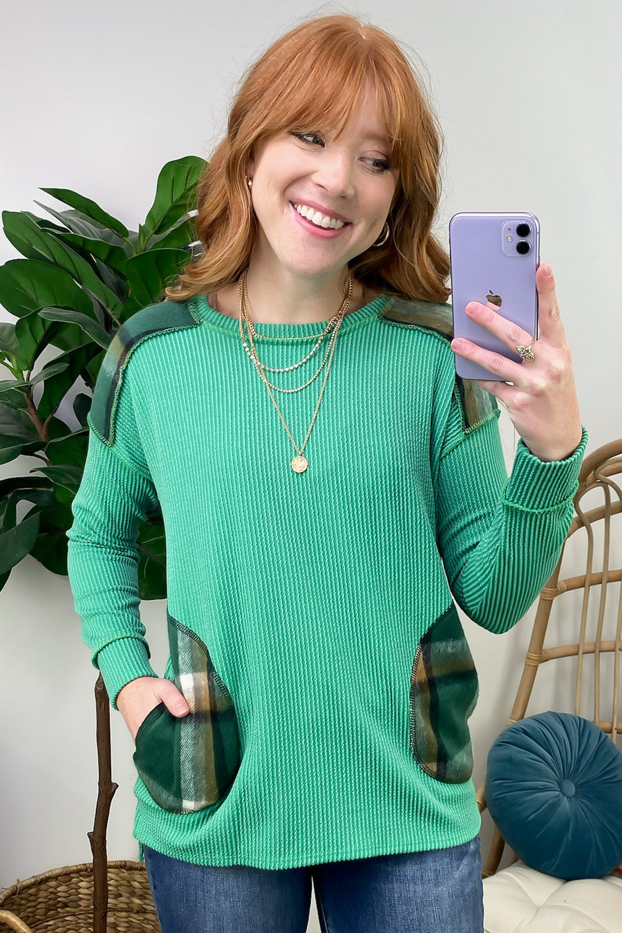 Kelly Green / S Autumn Sweetheart Plaid Contrast Rib Knit Top - Madison and Mallory