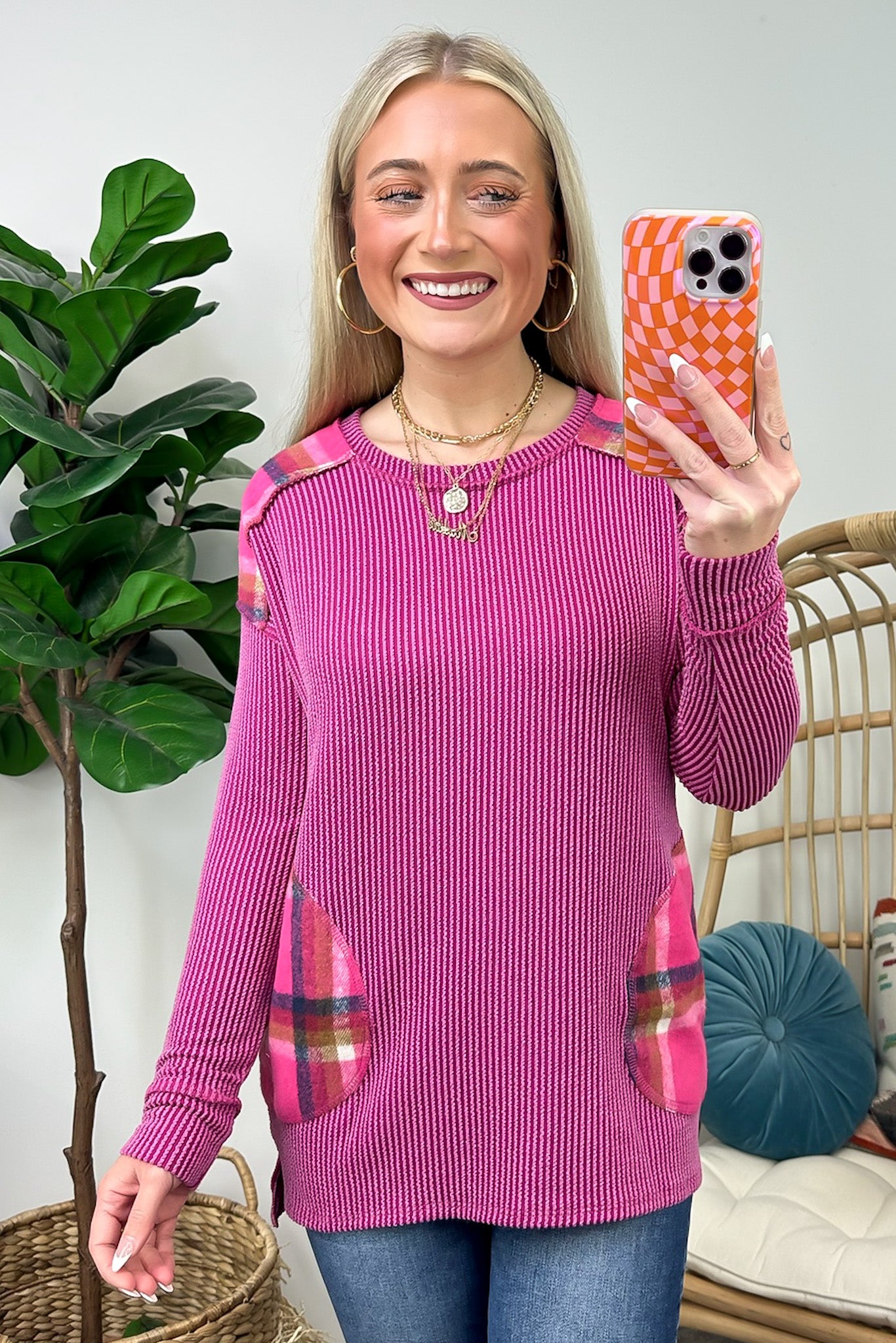  Autumn Sweetheart Plaid Contrast Rib Knit Top - FINAL SALE - Madison and Mallory